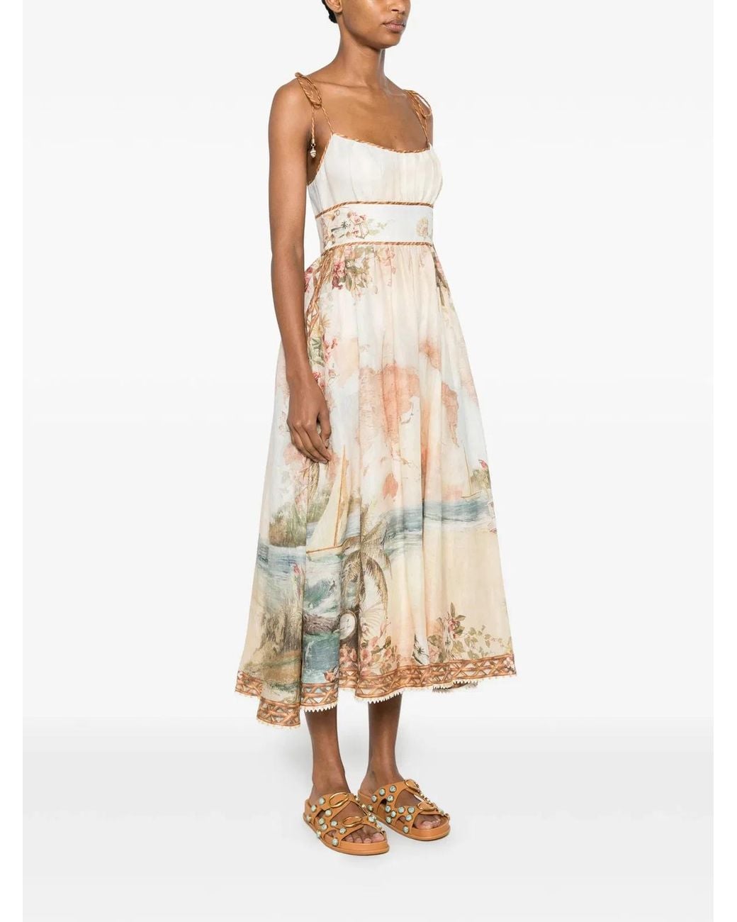 Zimmermann White Fitted Midi Dress With Knotted Straps And Gathered Skirt