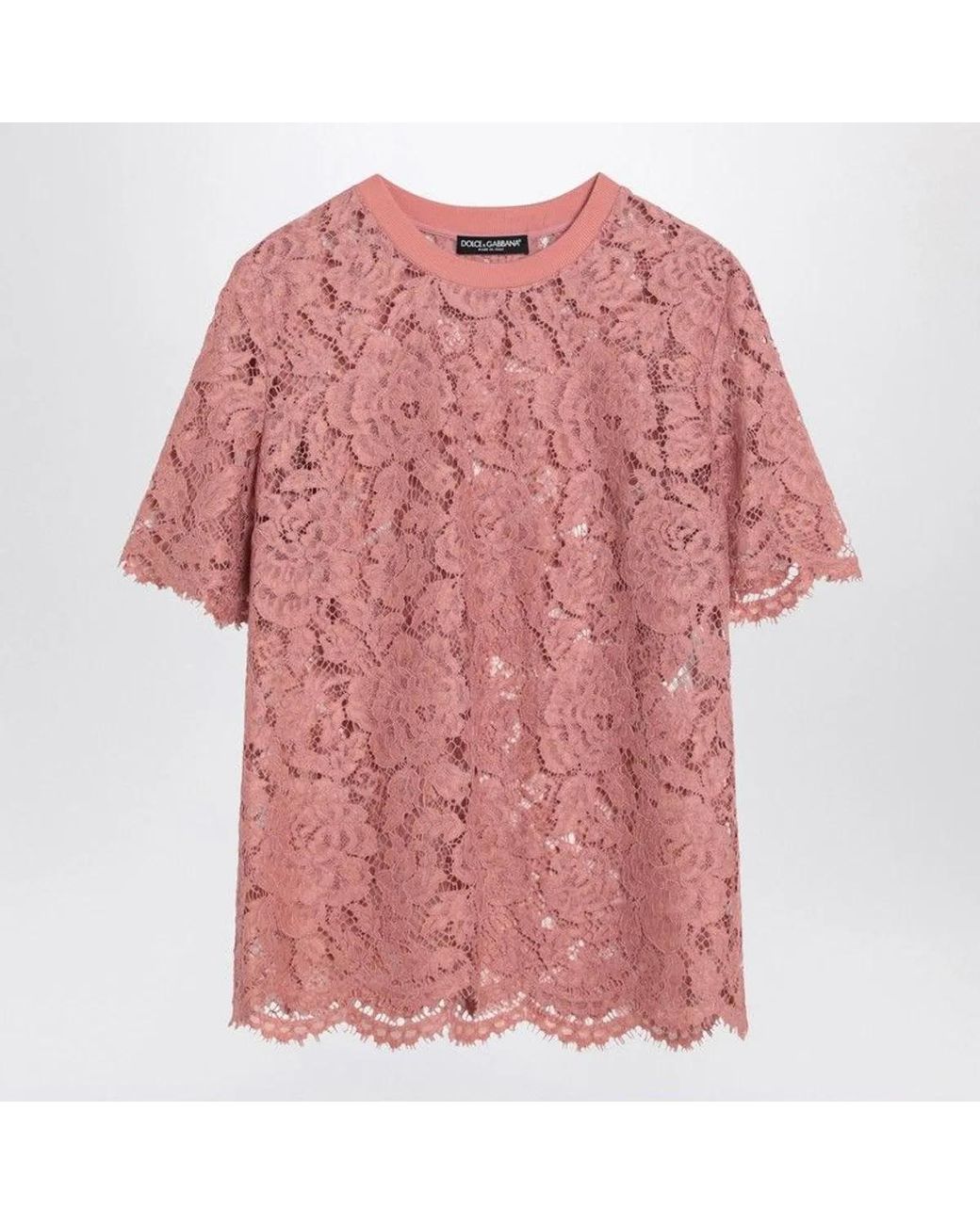 Dolce & Gabbana Pink Lace T-Shirt With Ribbed Neckline