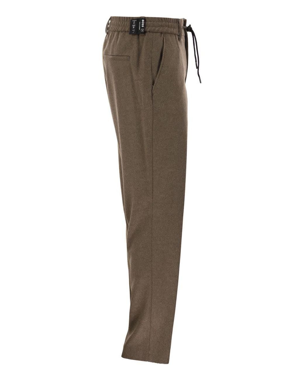 Boss Brown Virgin Wool-Blend Tapered Fit Trousers With Drawstring for men
