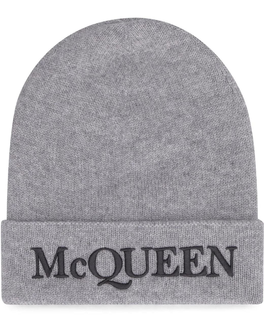 McQueen Gray Cashmere Beanie Hat for men