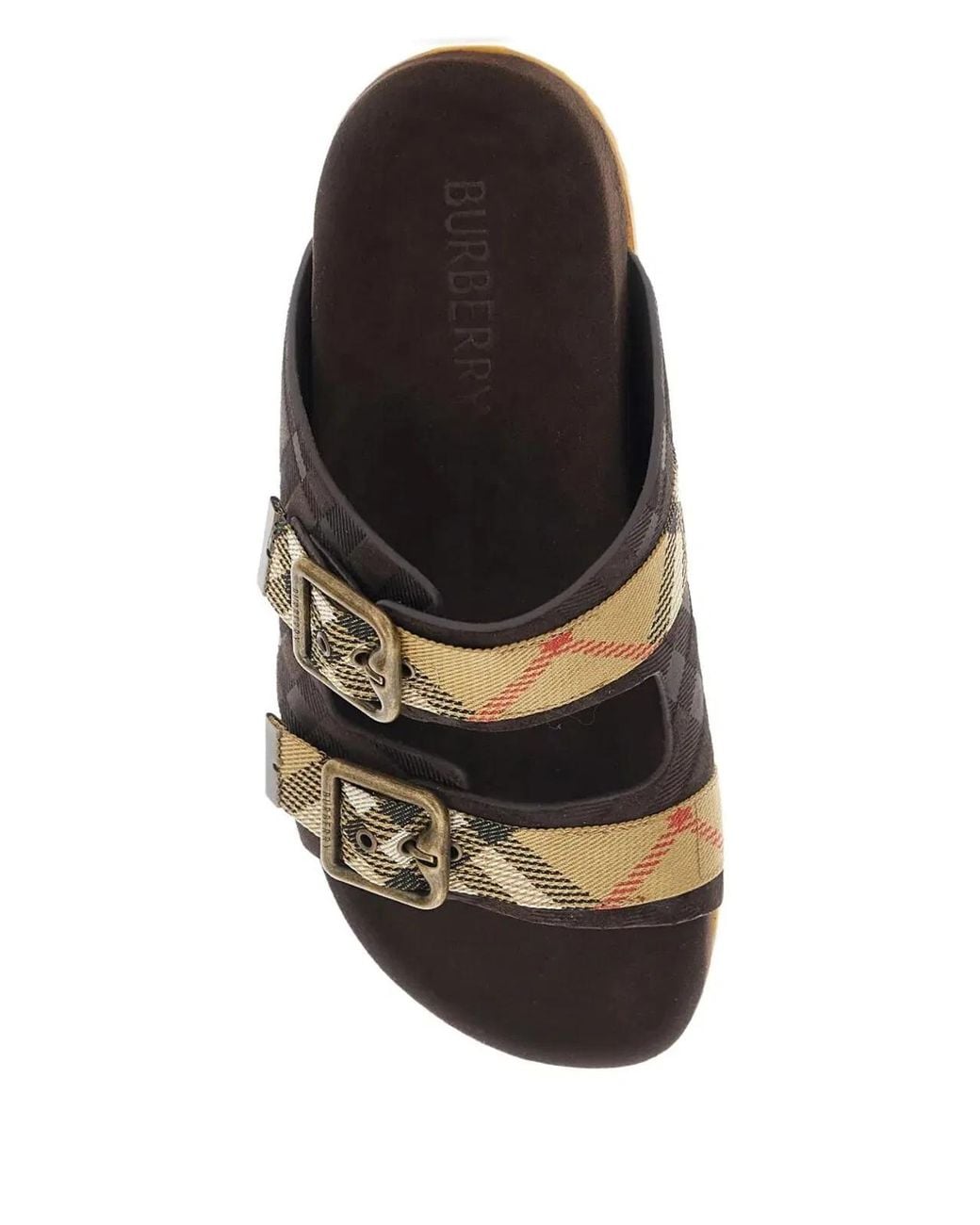 Burberry Brown Suede Flat Sandals With Checked Straps