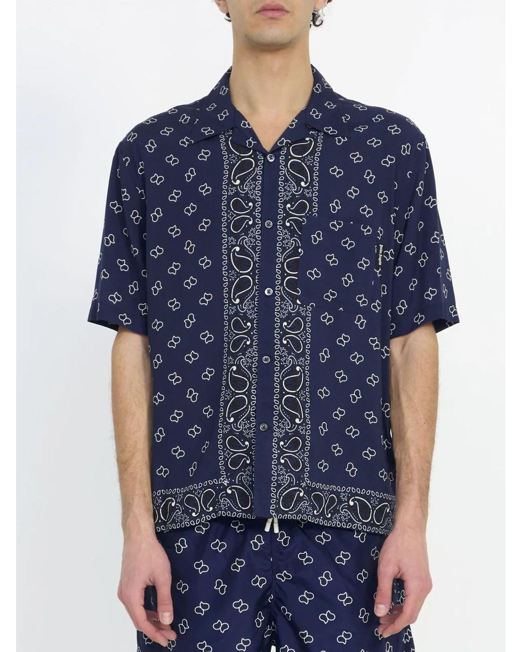 Palm Angels Blue Printed Short Sleeved Shirt for men