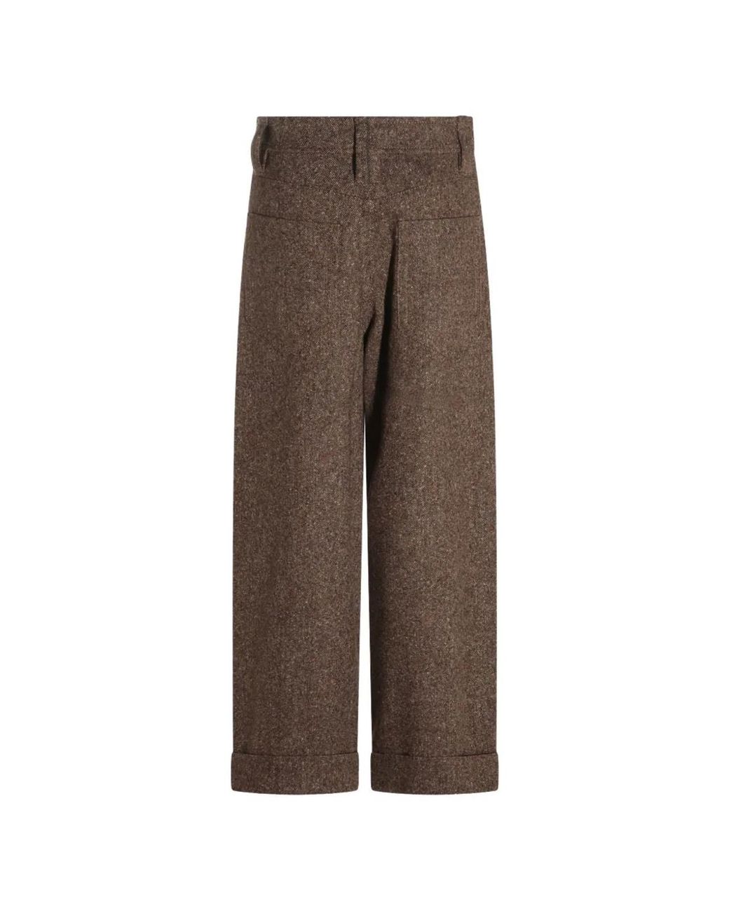 Brunello Cucinelli Brown Wool-Blend Tweed Wide-Leg Trousers Featuring Turn-Up Hems And Monili Chain Detail