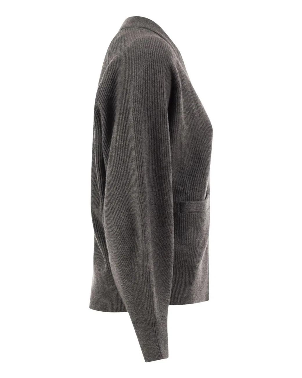 Brunello Cucinelli Black Ribbed Cashmere V-Neck Cardigan