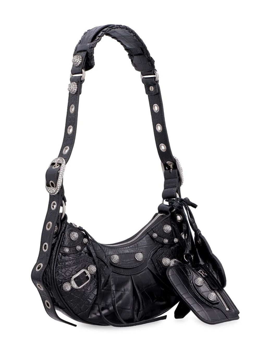Balenciaga Black Le Cagole Xs Crocodile-Effect Mini Bag With Rhinestones