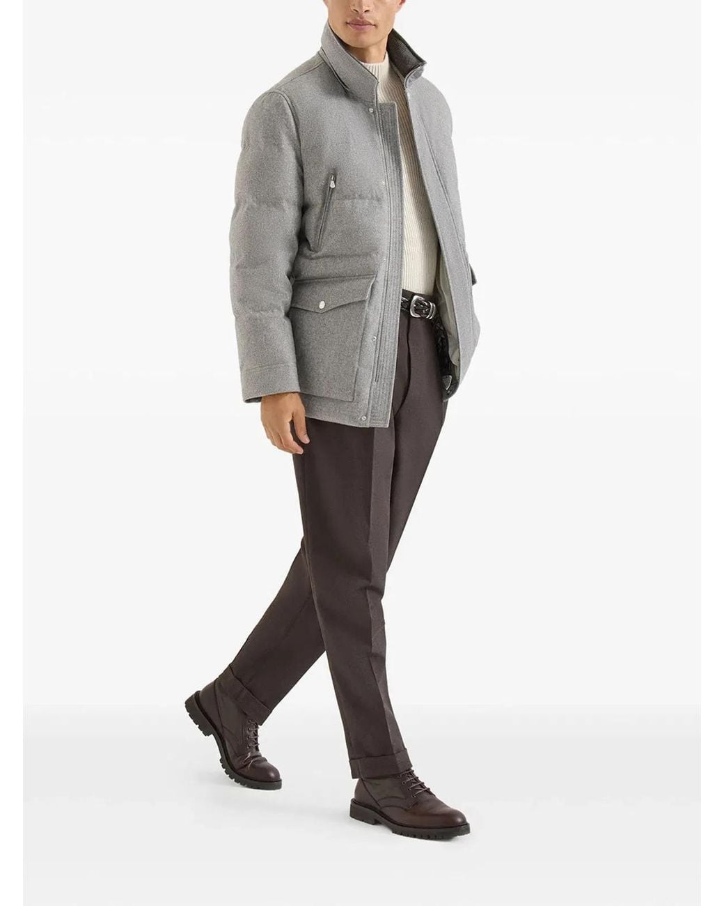 Brunello Cucinelli Gray Bonded Wool Flannel Down Parka With Detachable Hood for men