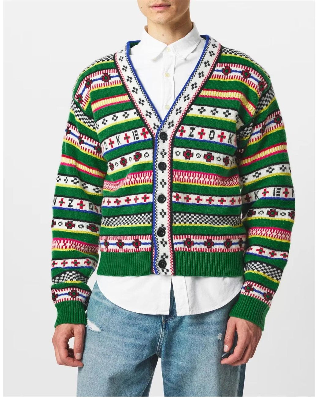 KENZO Green Fairisle Jacquard Cardigan for men
