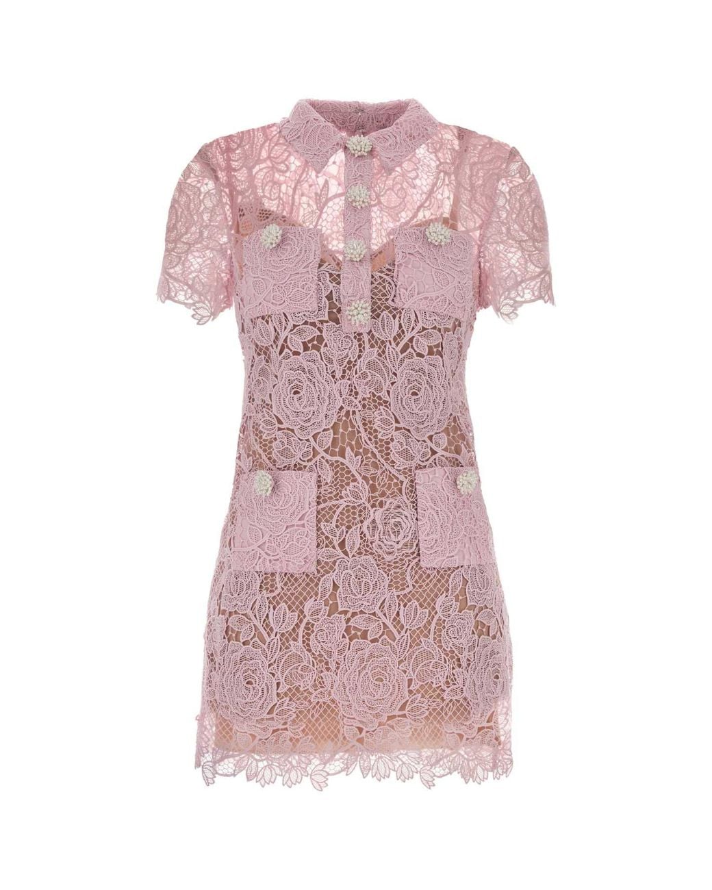 Self-Portrait Pink Lace Button-Down Mini Dress