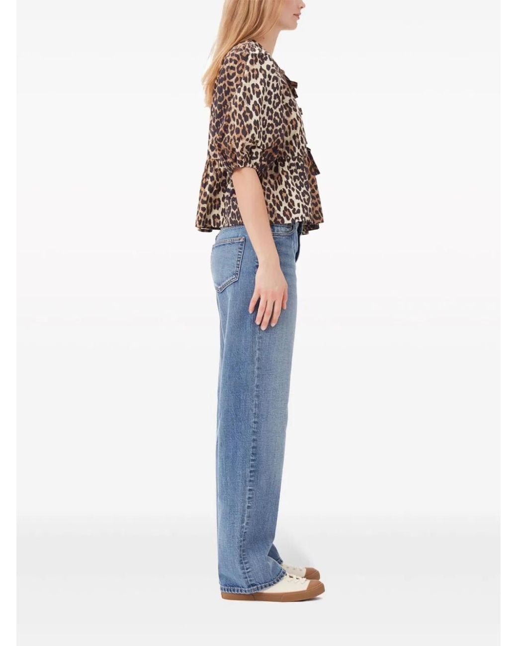 Ganni White Leopard Peplum Tie Blouse