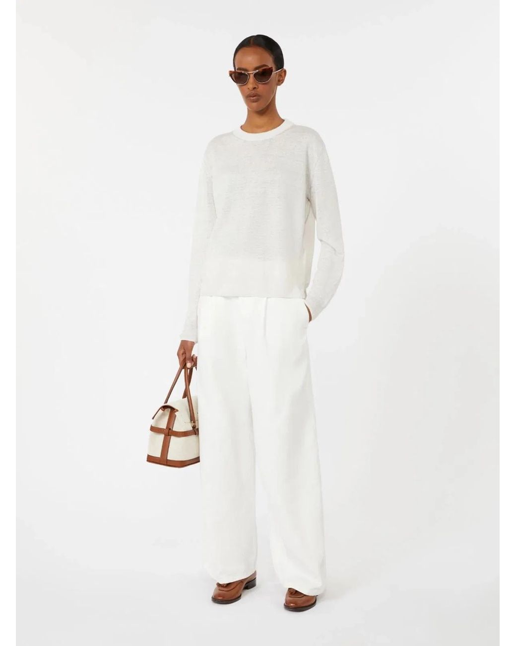 Max Mara White Straight Fit Crew-Neck Sweater With Embossed Elbow Detail