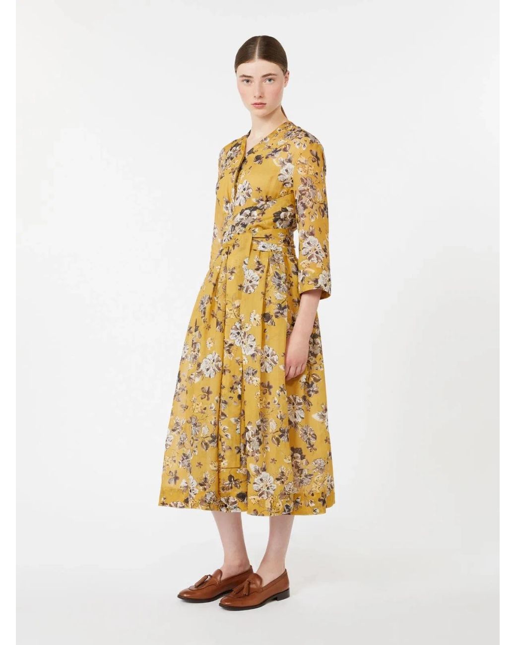 Max Mara Metallic V-Neck Floral Print Dress With Belt And Pockets