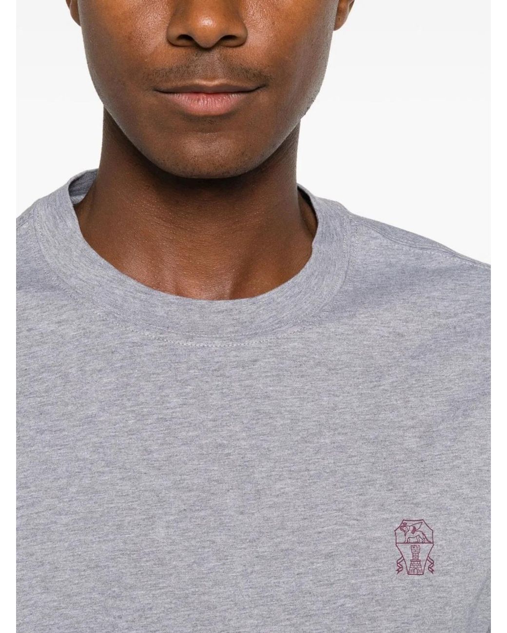 Brunello Cucinelli Gray Cotton Crew-Neck T-Shirt Featuring A Minimalist Printed Chest Logo for men