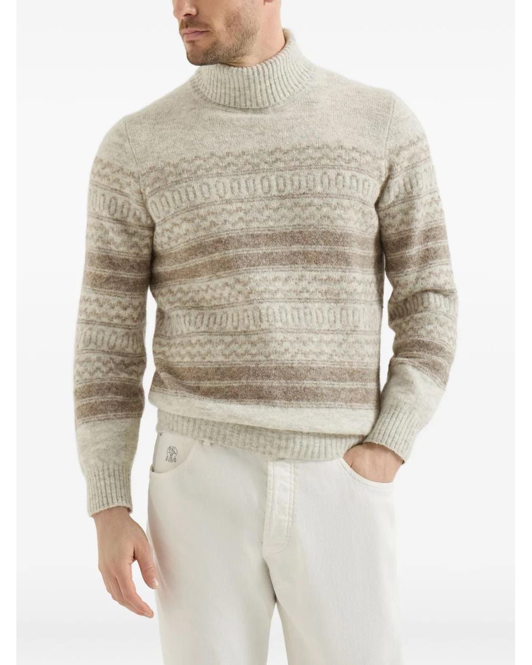 Brunello Cucinelli White Alpaca Cashmere And Wool Nordic Jacquard Turtleneck Sweater for men
