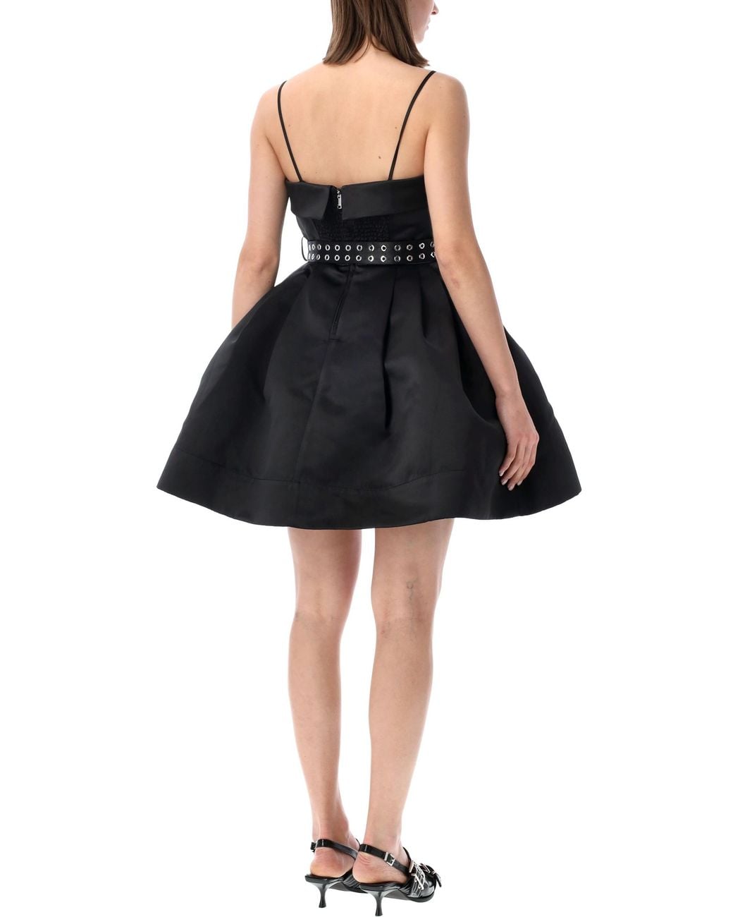 Ganni Black Short Satin Dress With A Full Skirt