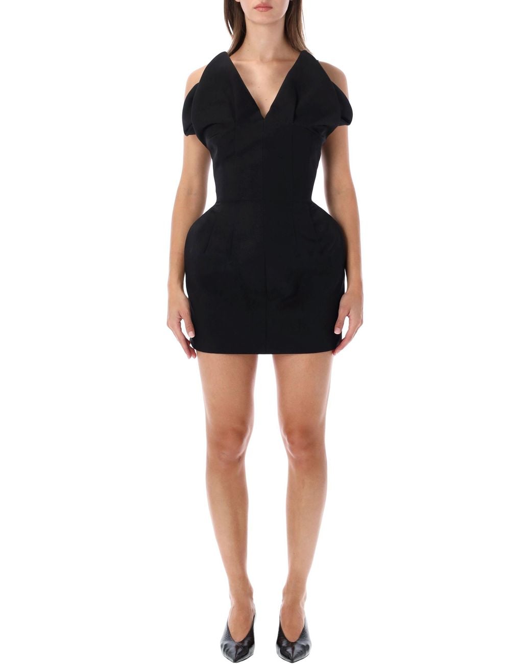 Magda Butrym Black Mini Fitted Dress With Deep V-Neck And Cold Shoulder Sleeves