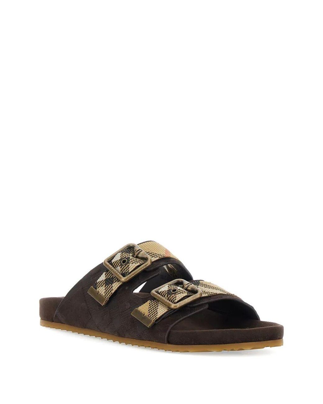 Burberry Brown Suede Flat Sandals With Checked Straps