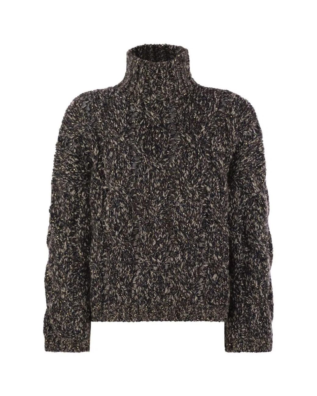 Brunello Cucinelli Black Soft Wool, Cashmere And Mohair Turtleneck Sweater With Braided Design