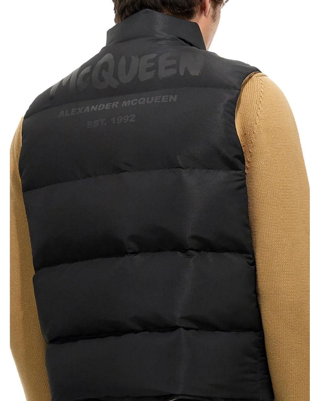 McQueen Black Graffiti Logo Print Down Vest for men
