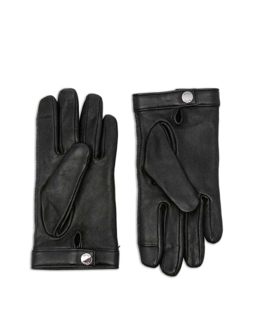Boss Black Leather Wool Polyester Gloves for men