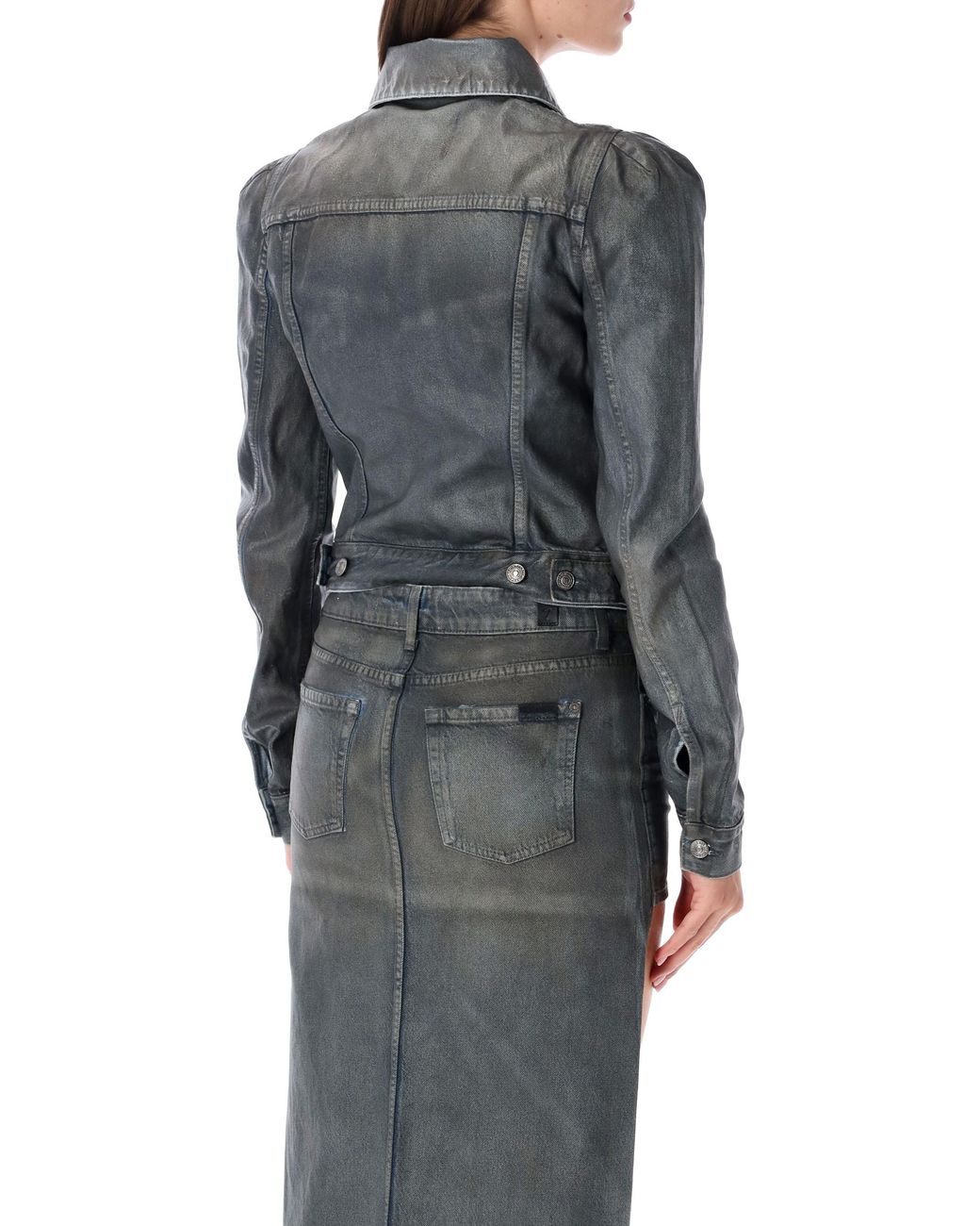 7 For All Mankind Gray Fitted Denim Jacket With Puff Shoulders