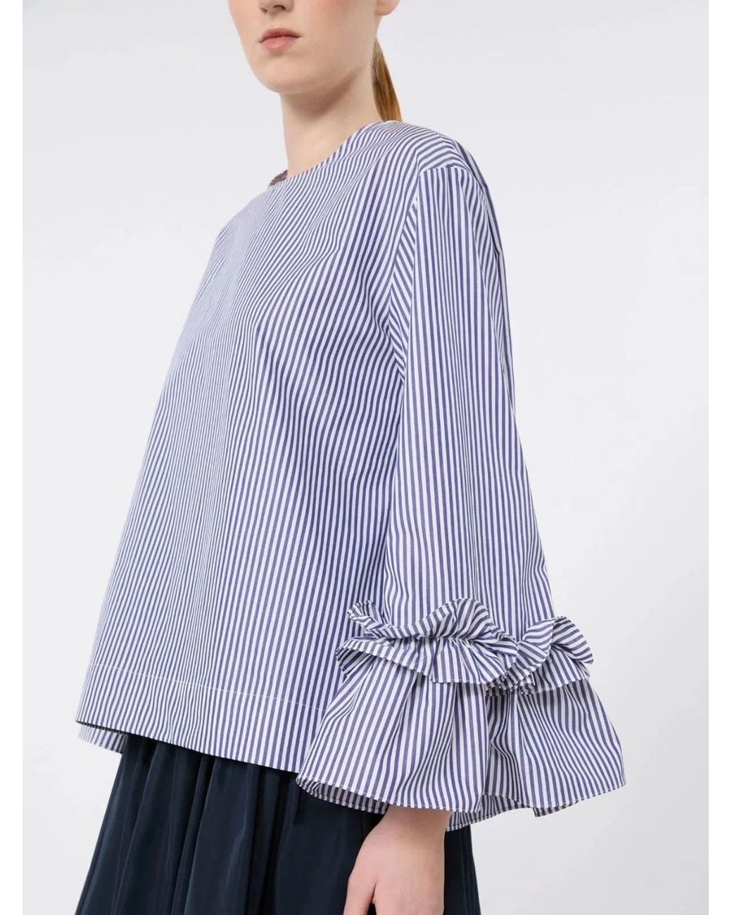Max Mara Blue Poplin Blouse With Ruffles And Flounces