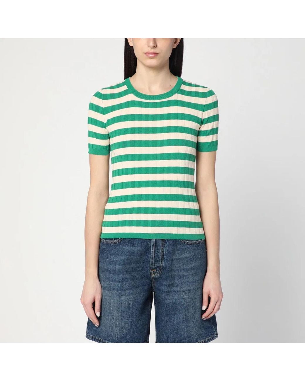 Roberto Collina Green Ivory Striped Sweater