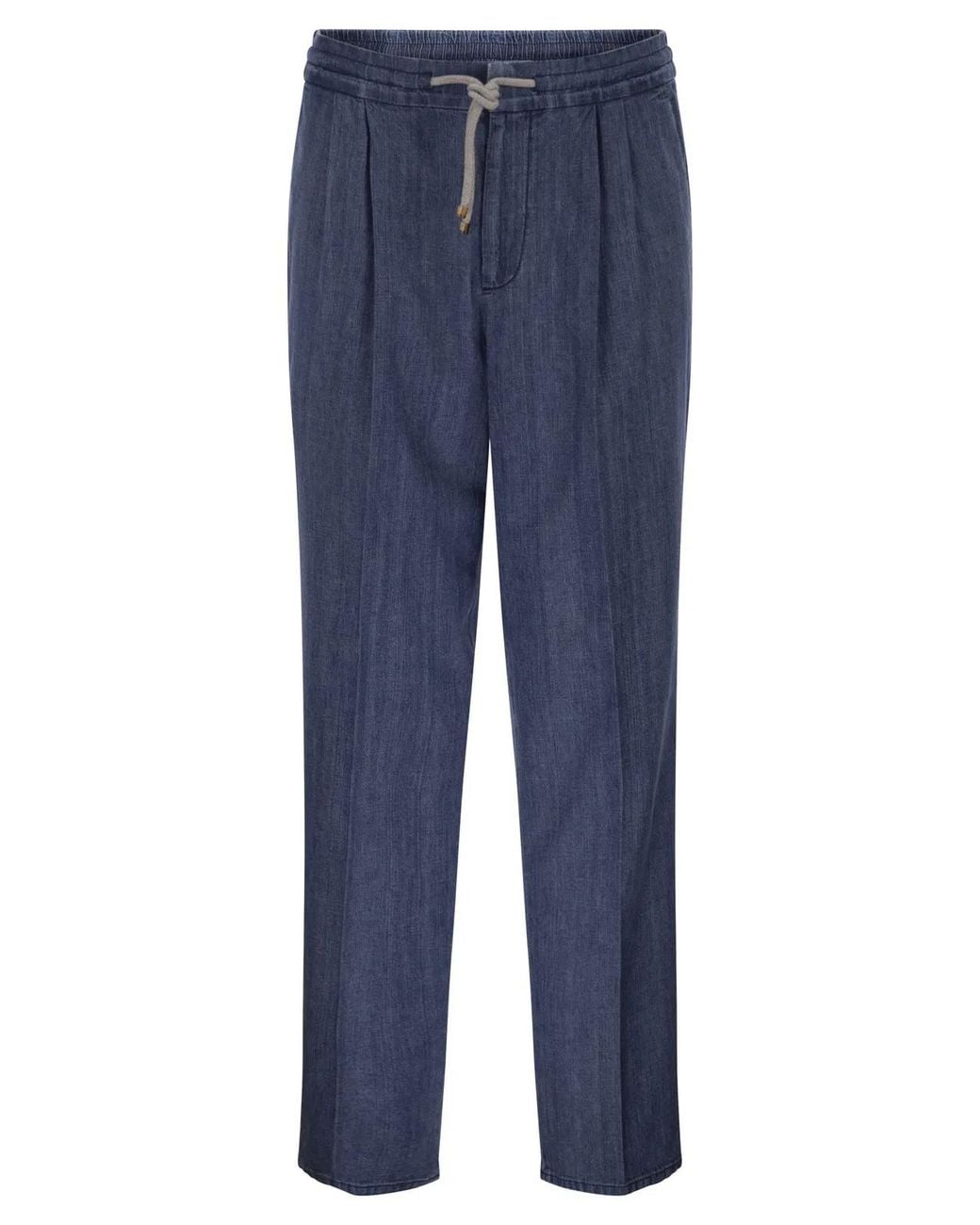 Brunello Cucinelli Blue Lightweight Denim Trousers With Drawstring And Double Pleats for men