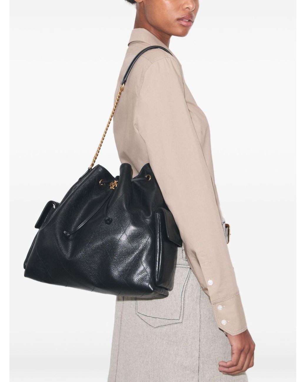 Tory Burch Black "Charlie" Large Leather Shoulder Bag