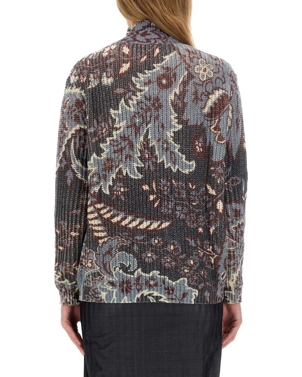 Etro Gray Floral Print High Neck Wool Top