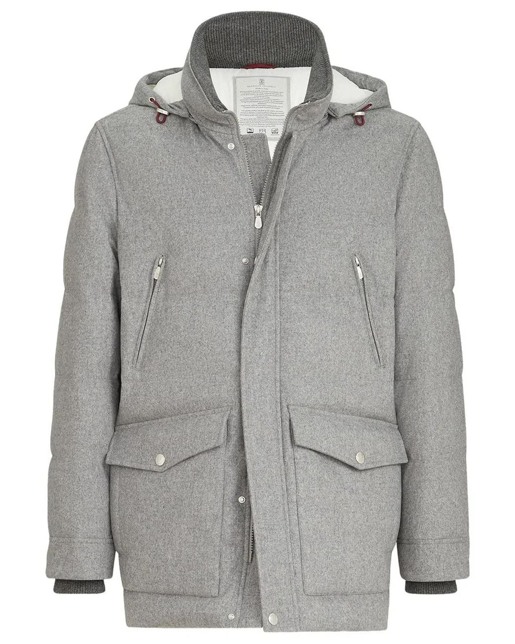 Brunello Cucinelli Gray Bonded Wool Flannel Down Parka With Detachable Hood for men