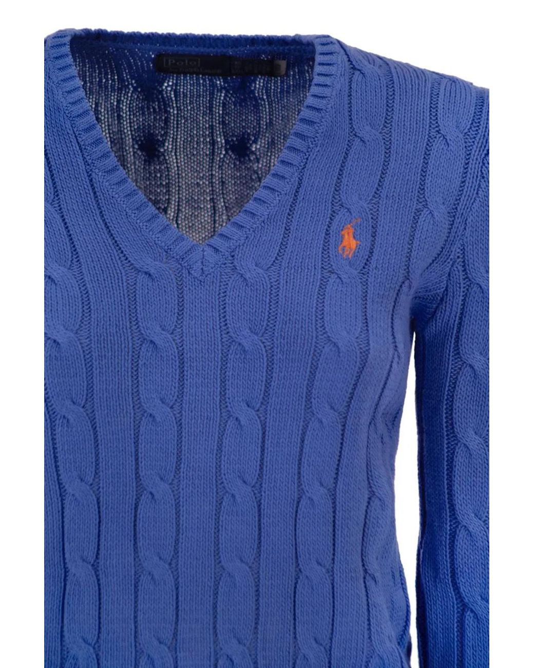 Polo Ralph Lauren Blue Cotton Cable Knit Jumper With V-Neck