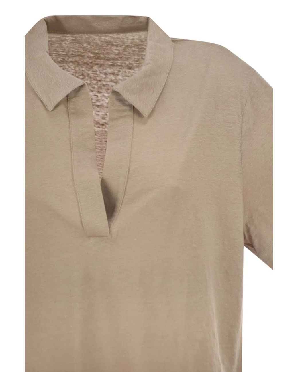 Majestic Natural Cropped Linen Stretch Polo With V-Neck