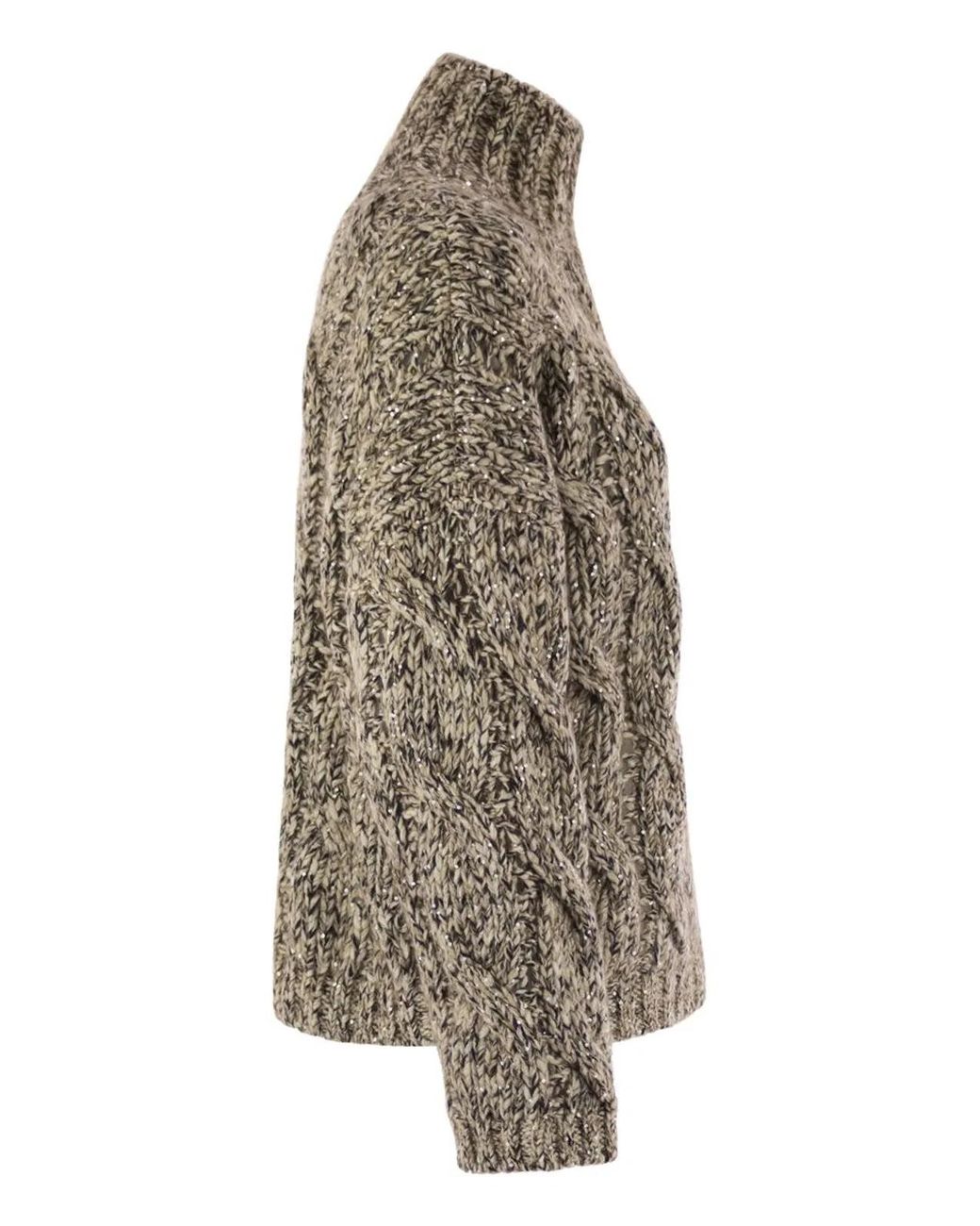 Brunello Cucinelli Brown Soft Wool, Cashmere And Mohair Turtleneck Sweater With Braided Design