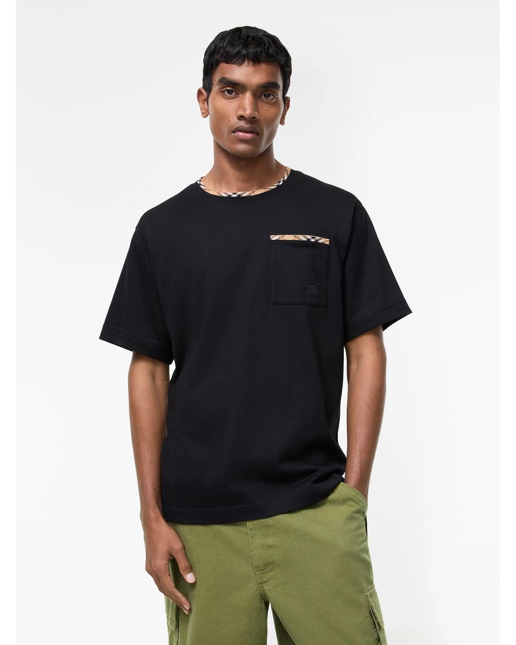 Burberry Black Cotton T-Shirt With Check Trims for men