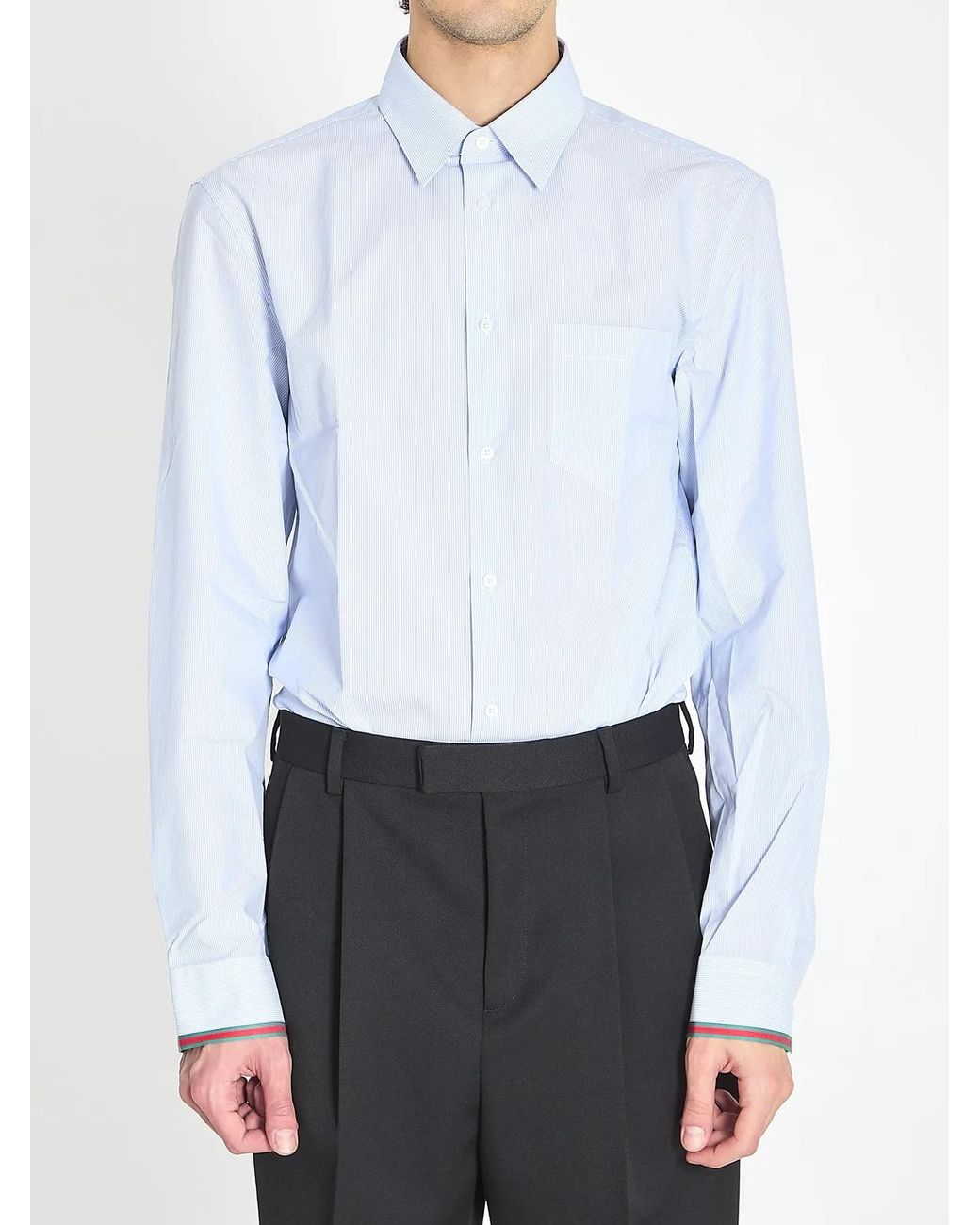 Gucci Blue Cotton Striped Shirt With Web for men