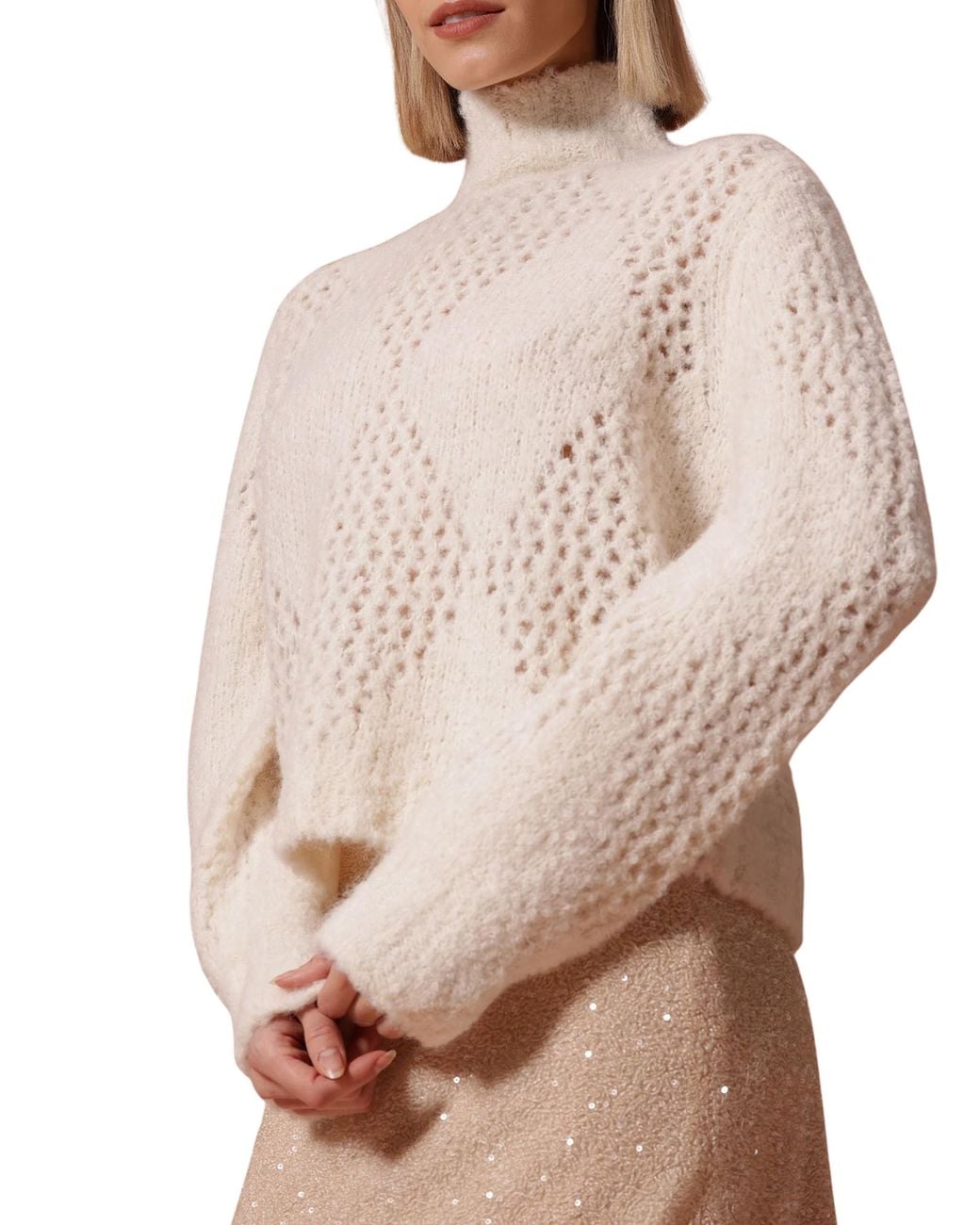 Ballantyne White High Neck Diamond Jumper
