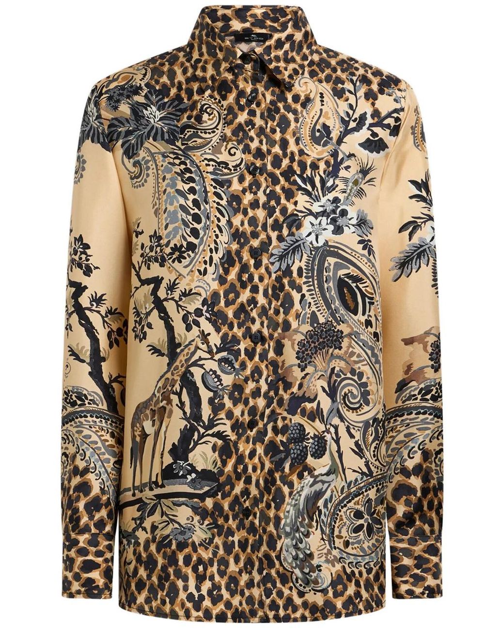 Etro Natural Silk Shirt With Placed Leopard Print