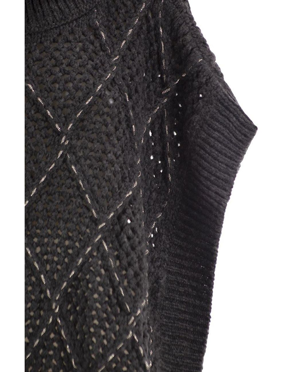 Peserico Black Virgin Wool Openwork Knit Roll-Neck Poncho