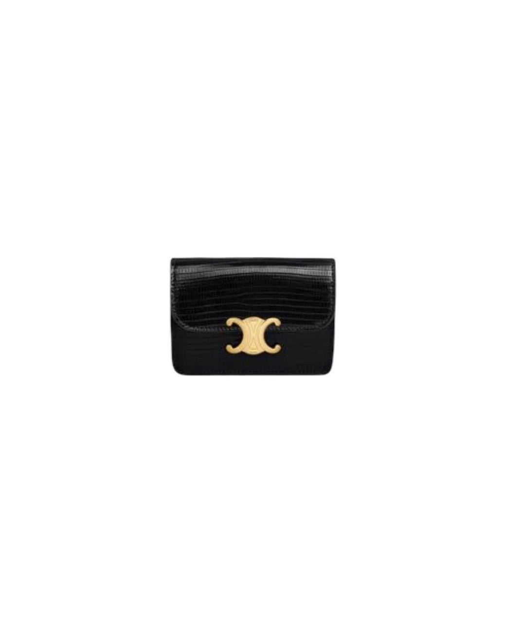 Céline Black Triomphe Lizard Skin Card Holder With Flap