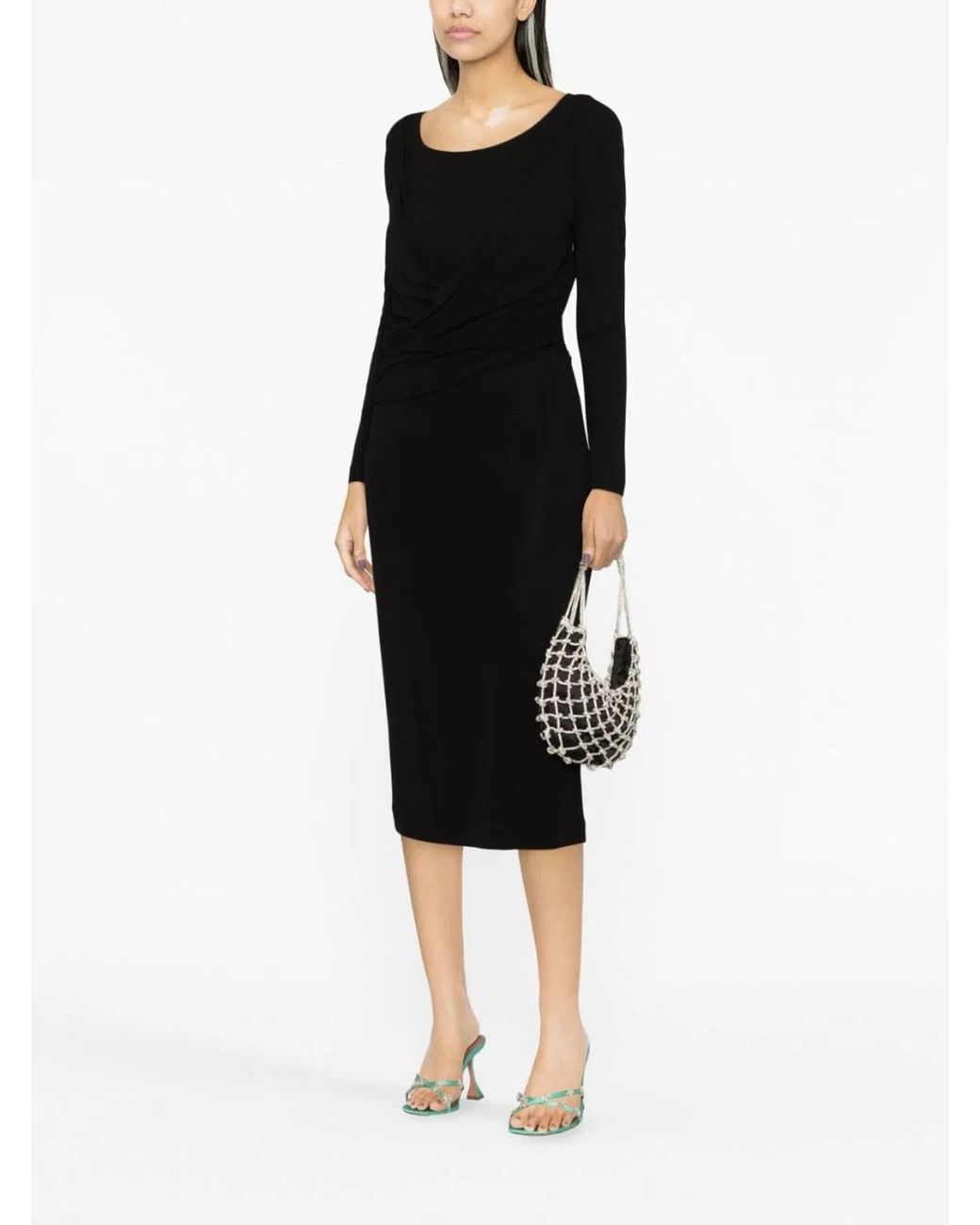 Alberta Ferretti Black Long Sleeves V Neck Midi Dress