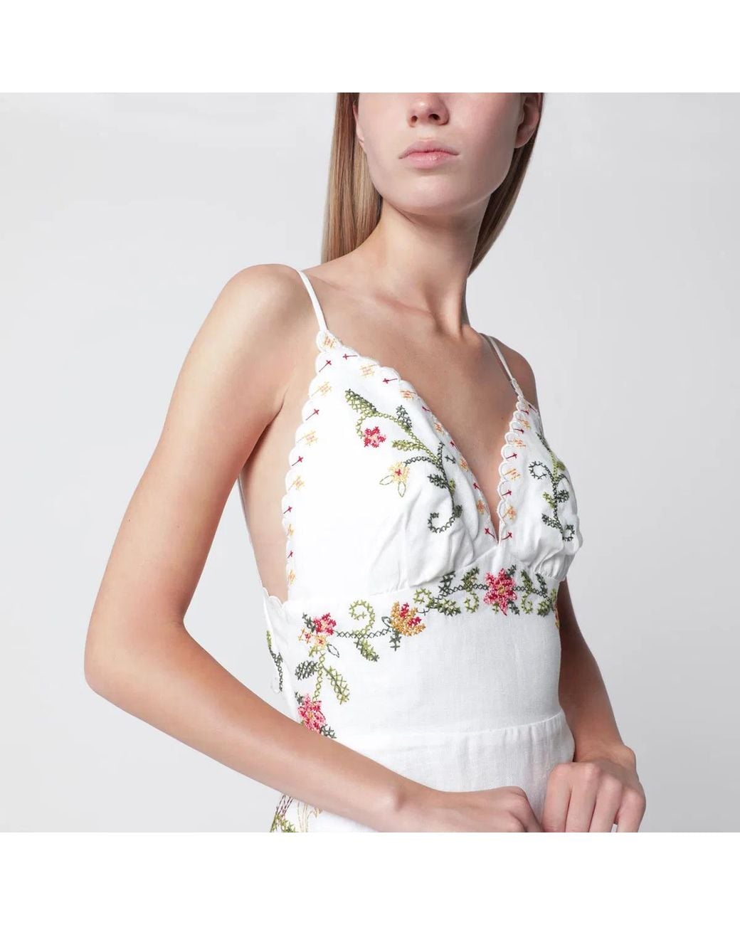 Farm Rio White Ivory Midi Dress With Floral Embroidery
