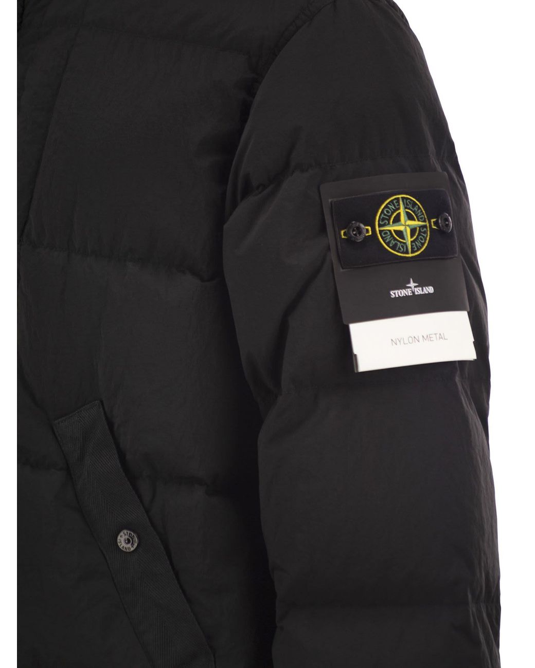 Stone Island Black Nylon Metal Hooded Down Jacket With Compass Badge