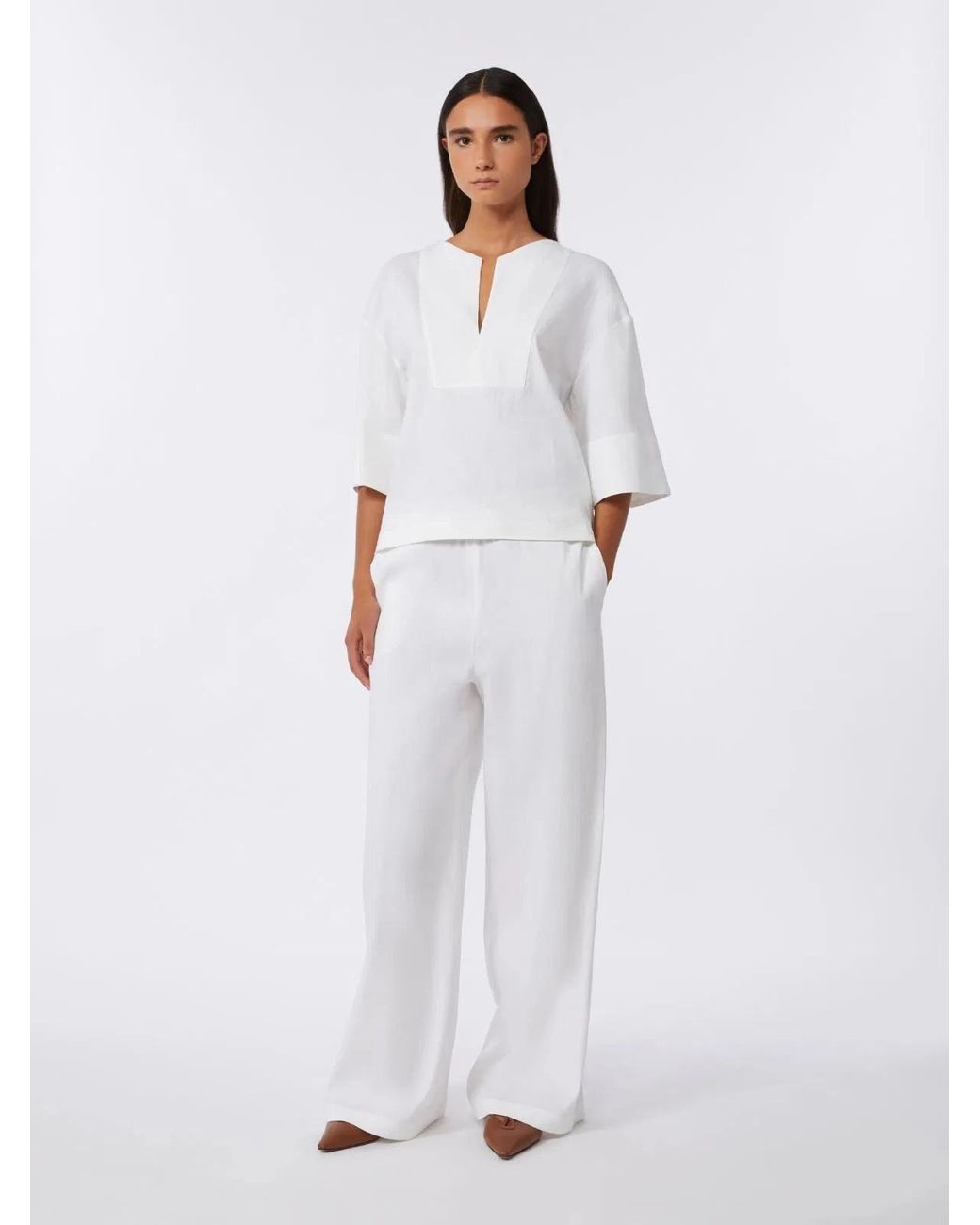 Max Mara White Wide Leg Stretch Canvas Trousers