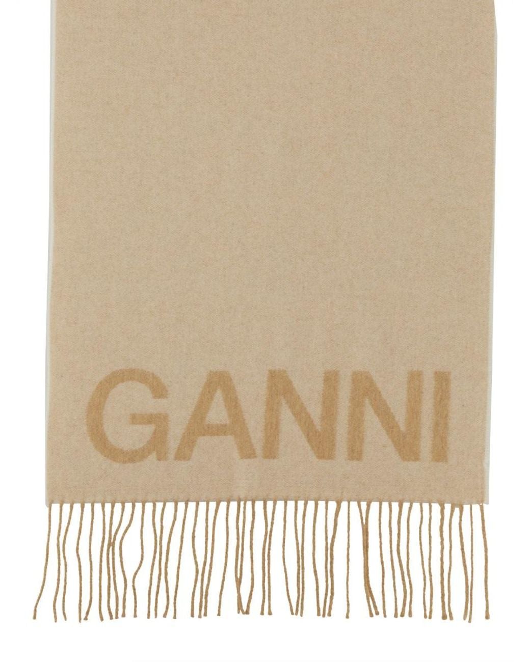 Ganni Natural Fringed Wool Scarf