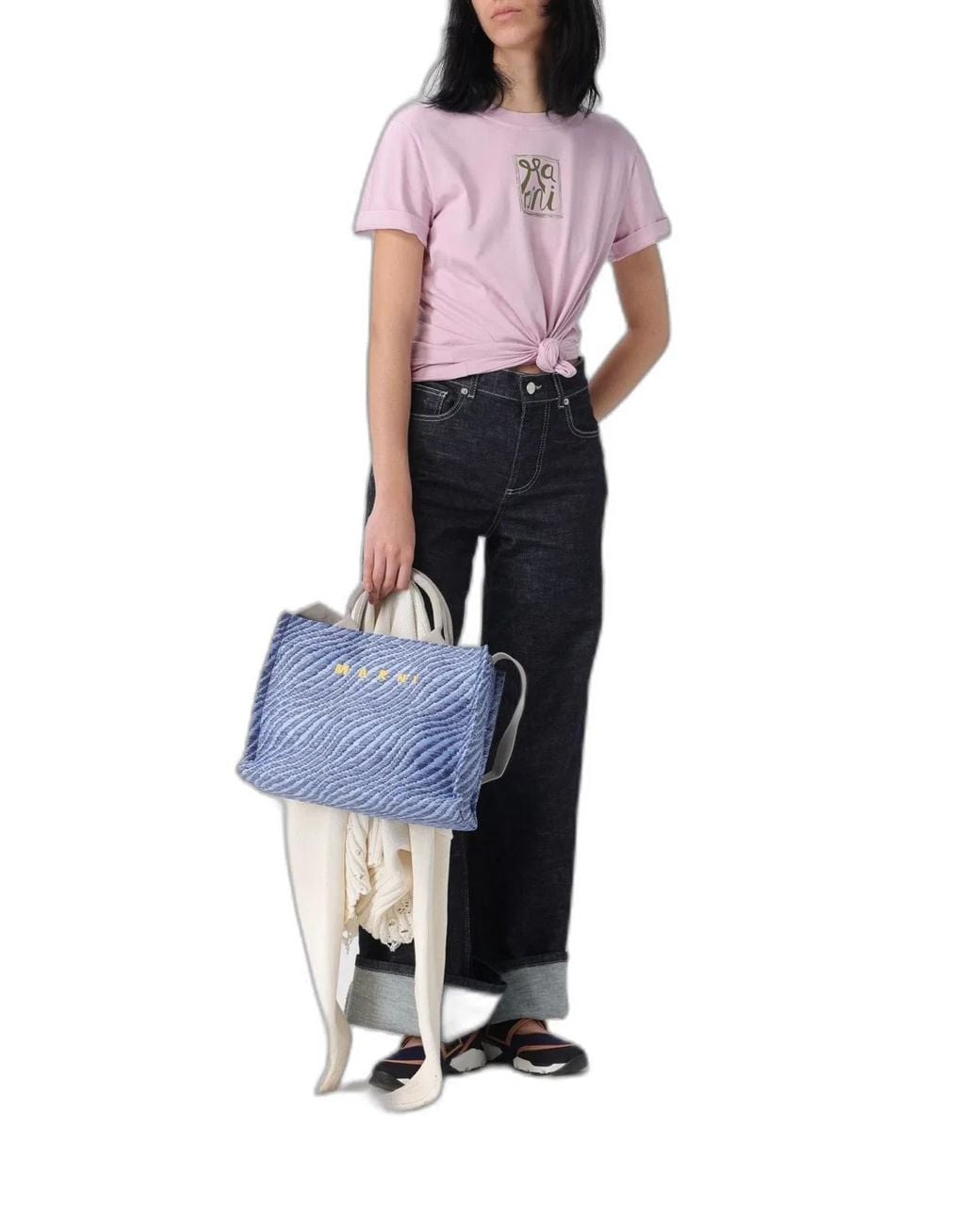 Marni Blue Wavy Raffia-Effect Small Tote Bag