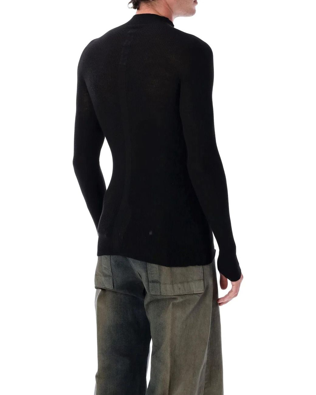 Rick Owens Blue Ribbed Lupetto Wool Turtleneck Sweater for men