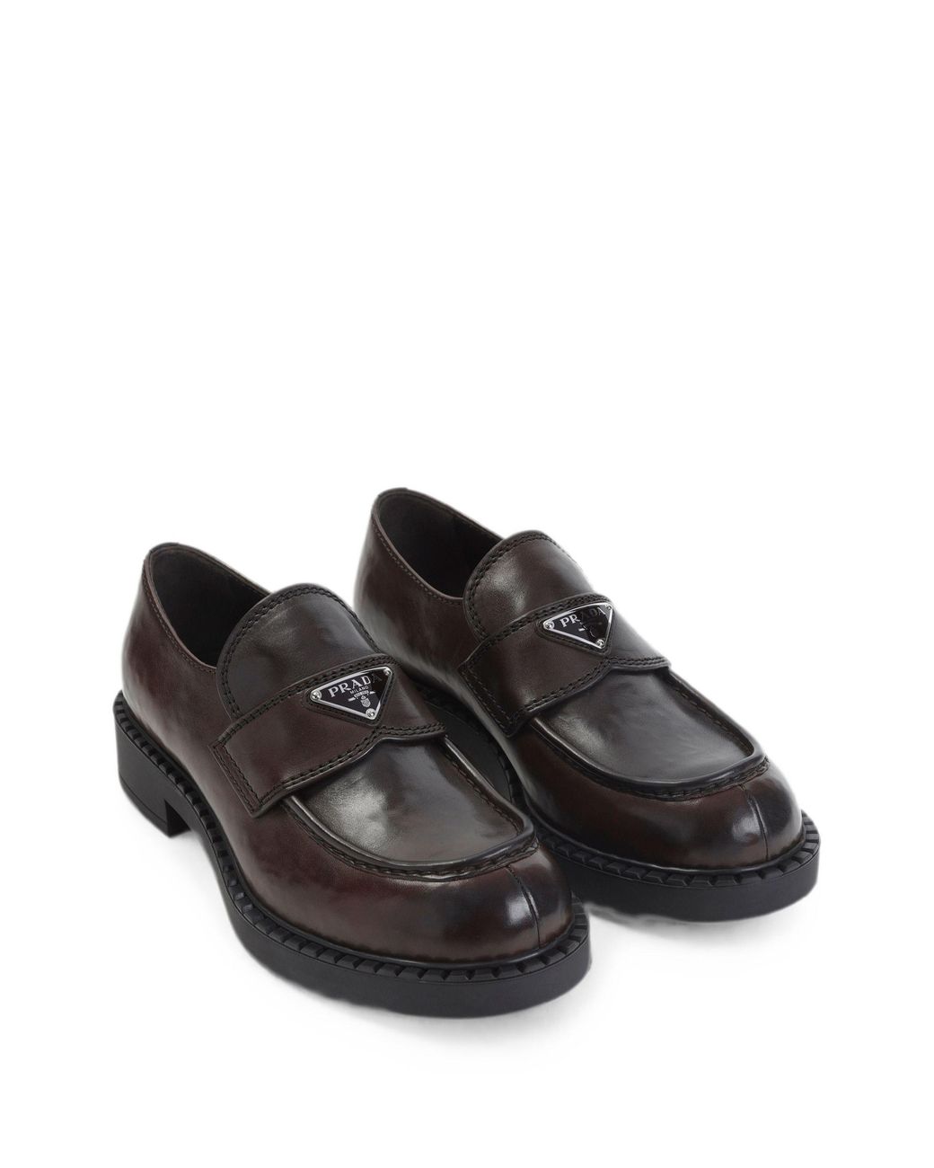 Prada Brown Logo-Plaque Calf Leather Loafers for men