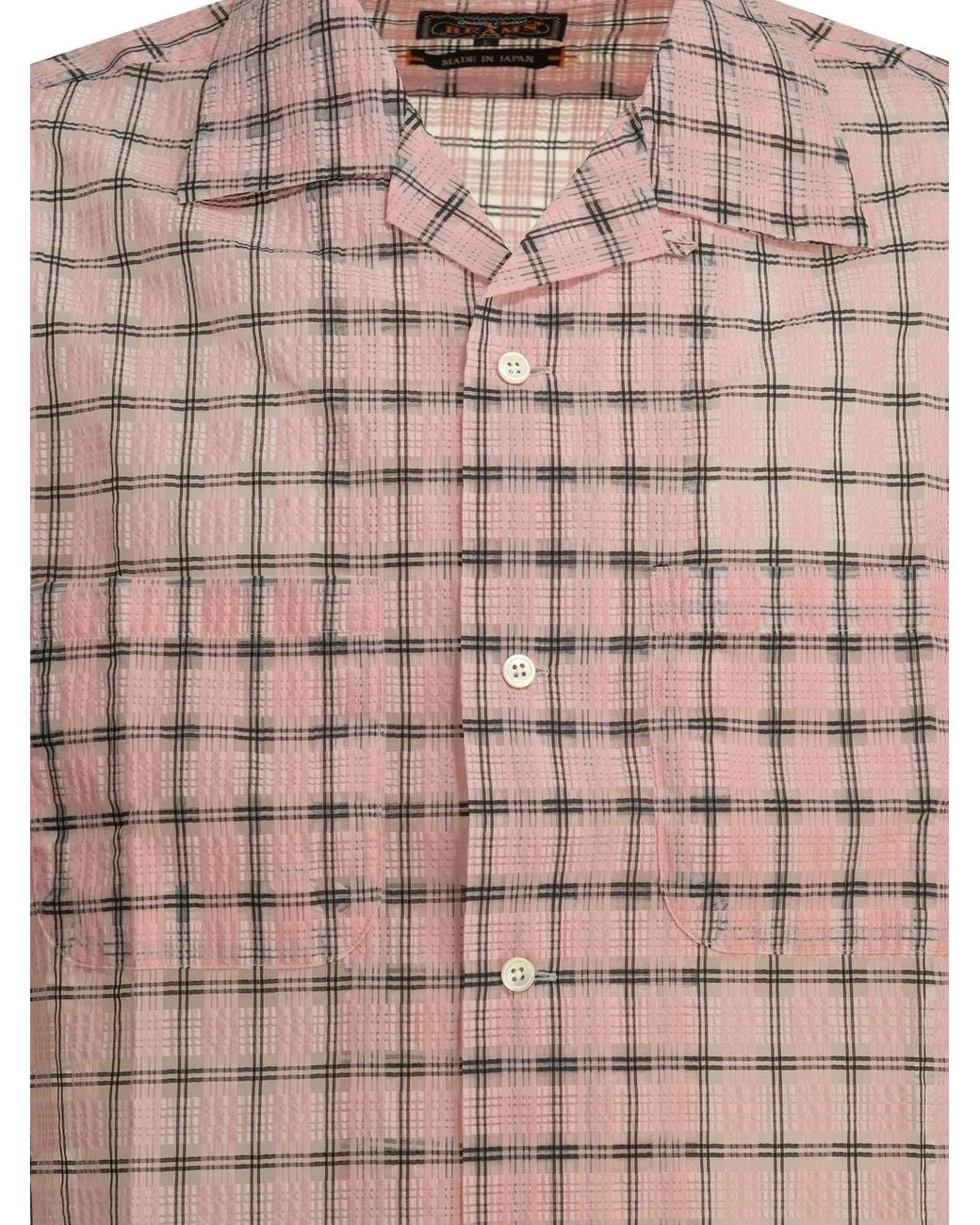 Beams Plus Pink "Open Collar Nylon Airy Plaid" Casual Shirt for men