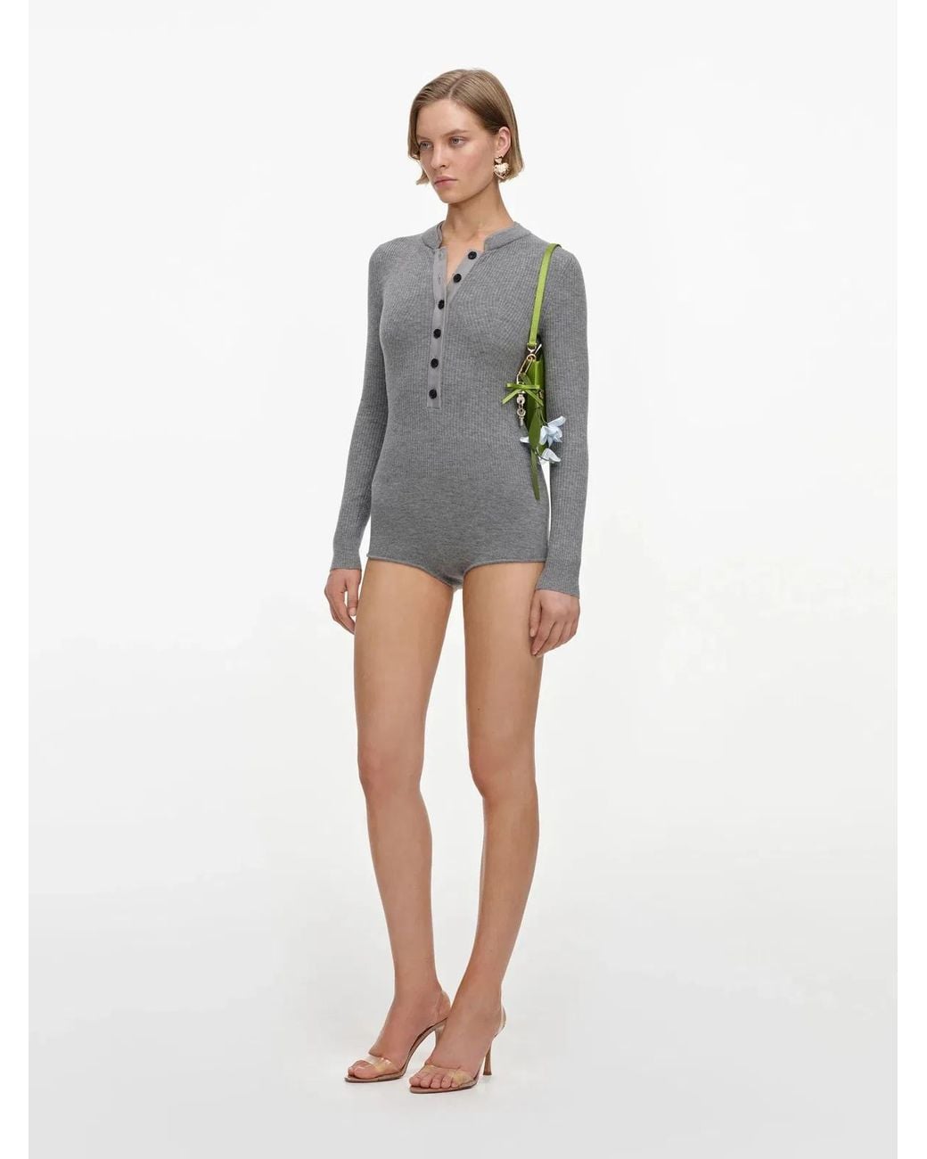 Self-Portrait Gray Knitted Romper With Buttons