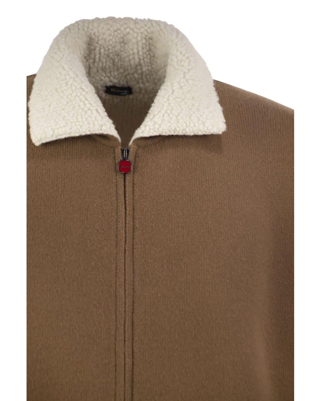 Kiton Brown Wool And Cashmere Cardigan With Shearling-Effect Collar for men
